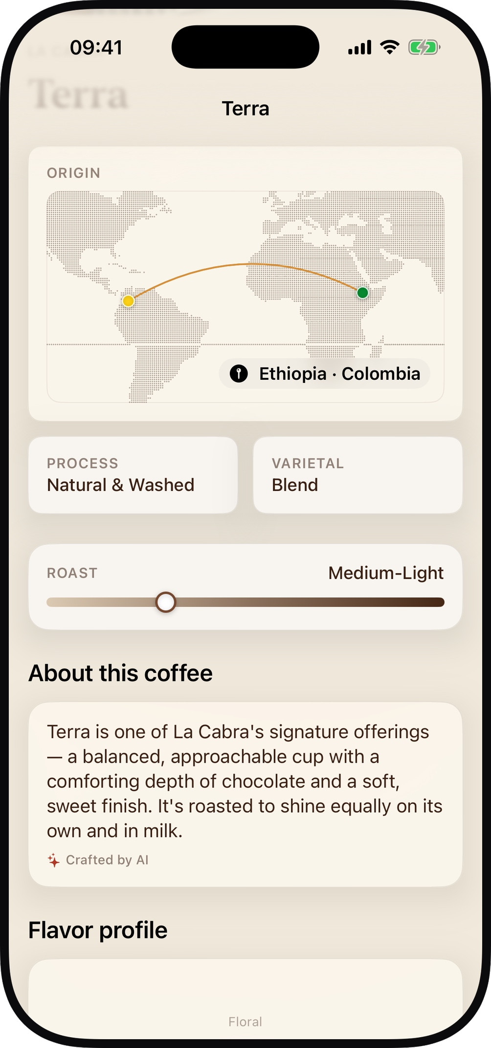 WholeBean coffee detail screen with origin, process, roast level and an AI description