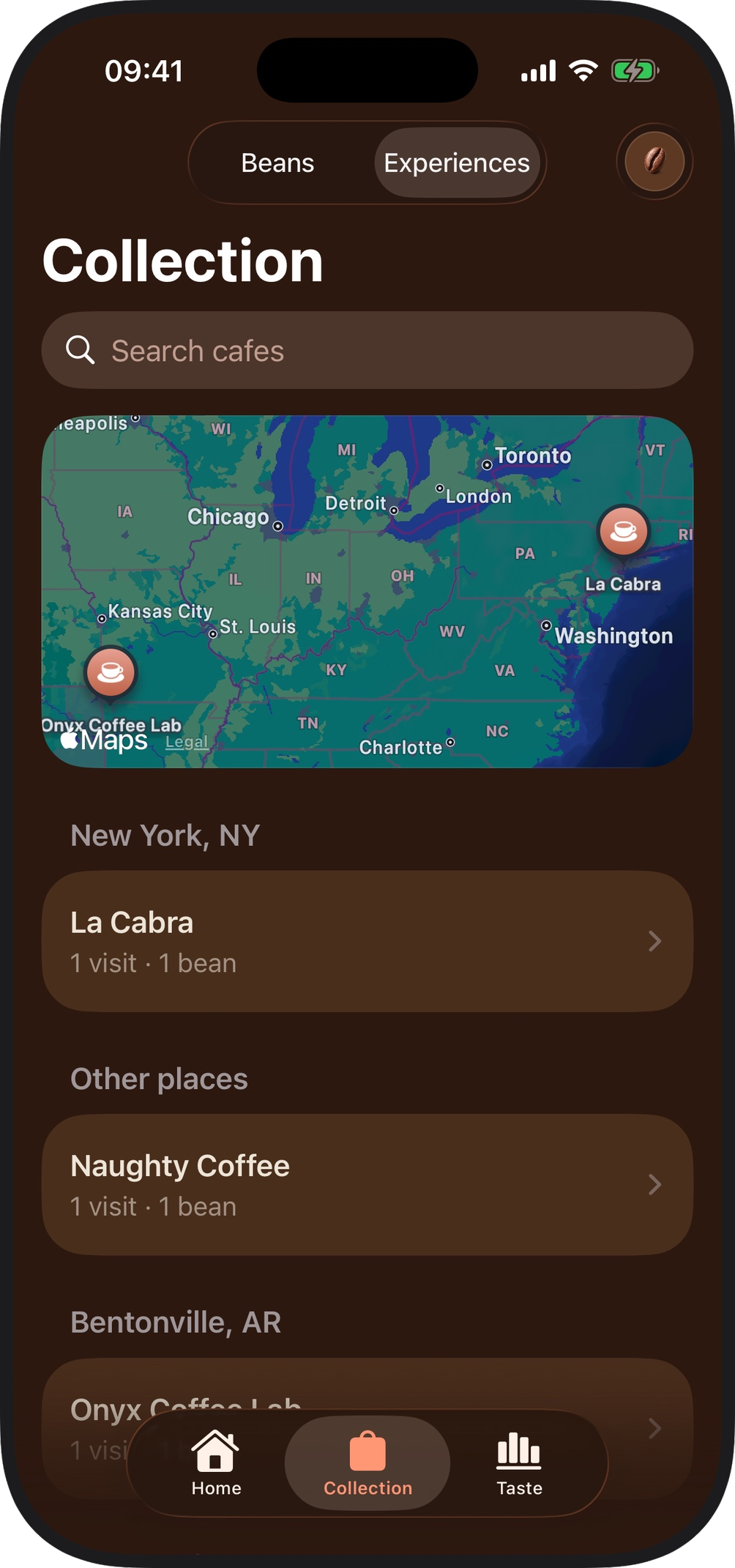 WholeBean collection screen listing saved coffee experiences with ratings
