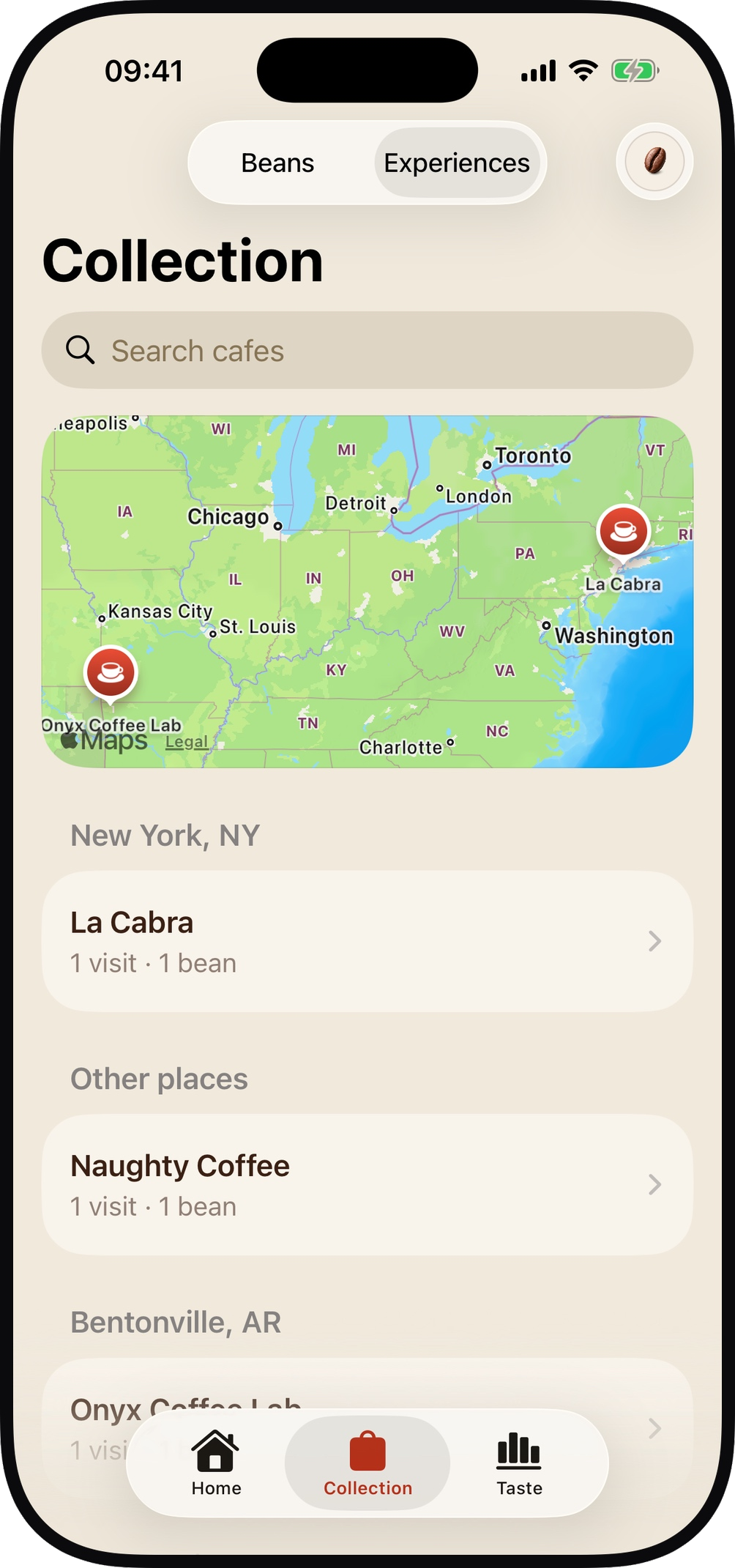 WholeBean collection screen listing saved coffee experiences with ratings