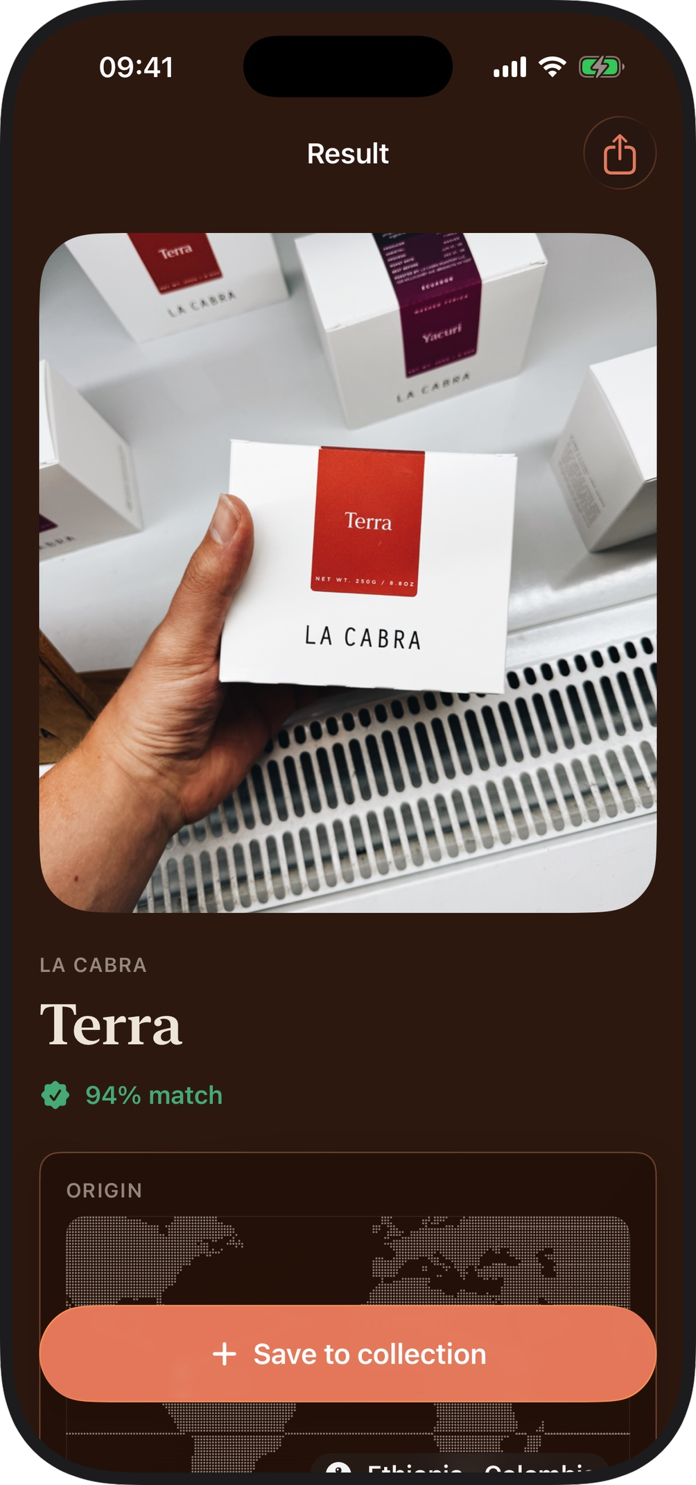 WholeBean result screen showing an identified coffee with a 94% match